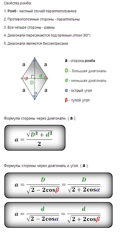 Формулы для вычисления периметра ромба